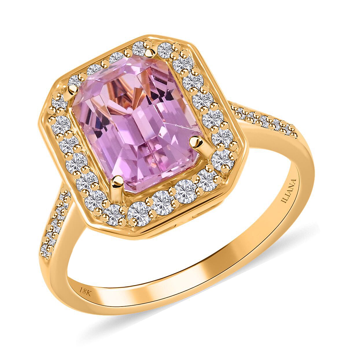 Certified & Appraised Iliana 18K Yellow Gold AAA Patroke Kunzite and G-H SI Diamond Halo Ring 4.70 Grams 3.30 ctw