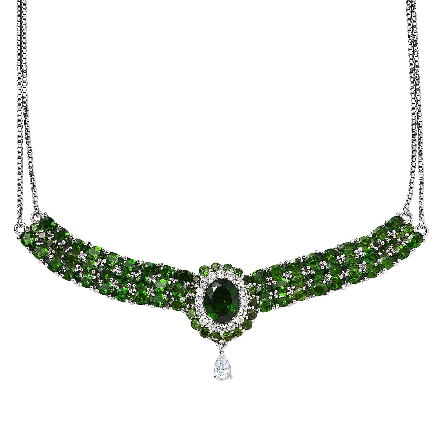 Chrome Diopside and Multi Gemstone Necklace 18 Inches in Platinum Over Sterling Silver 15.50 ctw