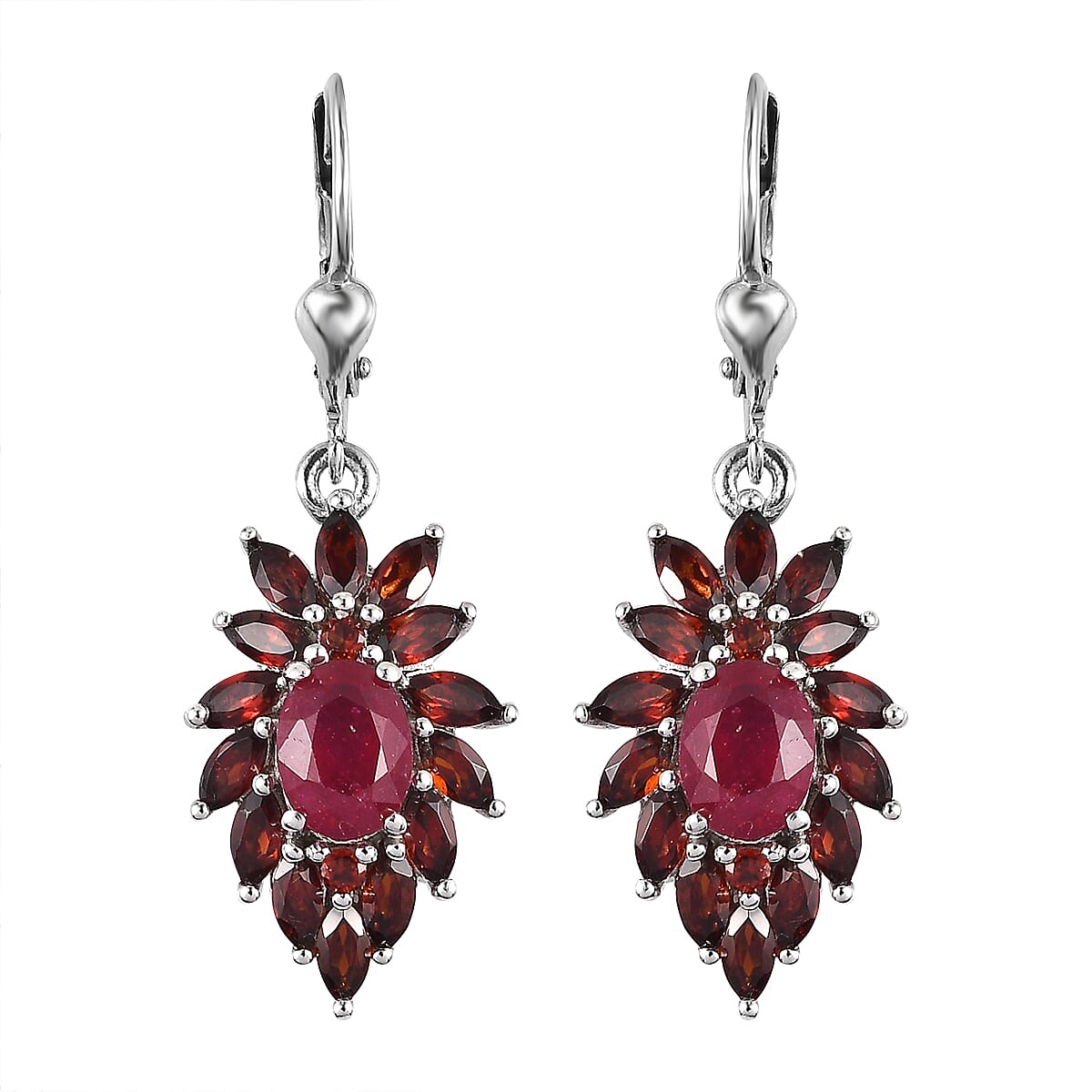 Niassa Ruby (FF) and Mozambique Garnet Lever Back Earrings in Platinum Over Sterling Silver 5.50 ctw