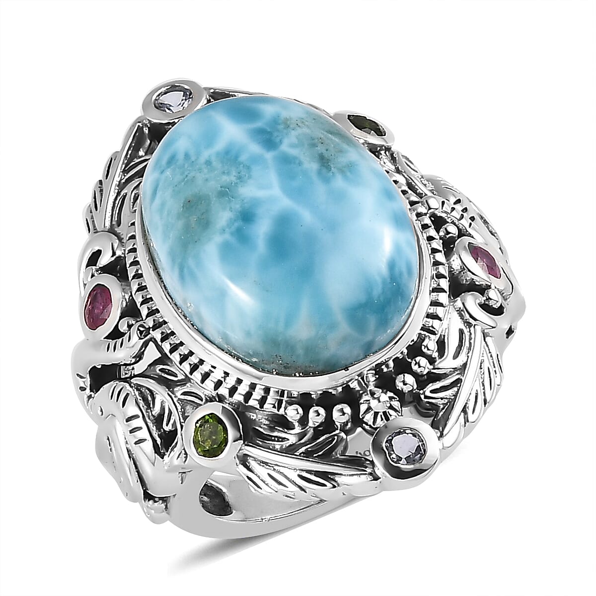 Artisan Crafted Larimar and Multi Gemstone Ring in Sterling Silver 12.10 ctw