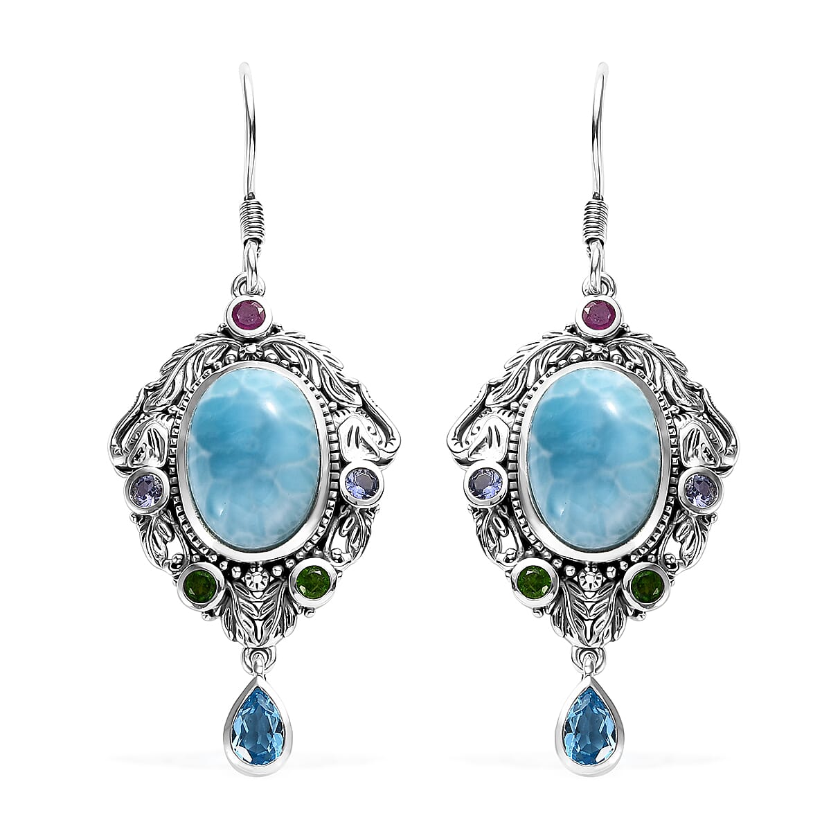 Artisan Crafted Larimar and Multi Gemstone Earrings in Sterling Silver 16.00 ctw