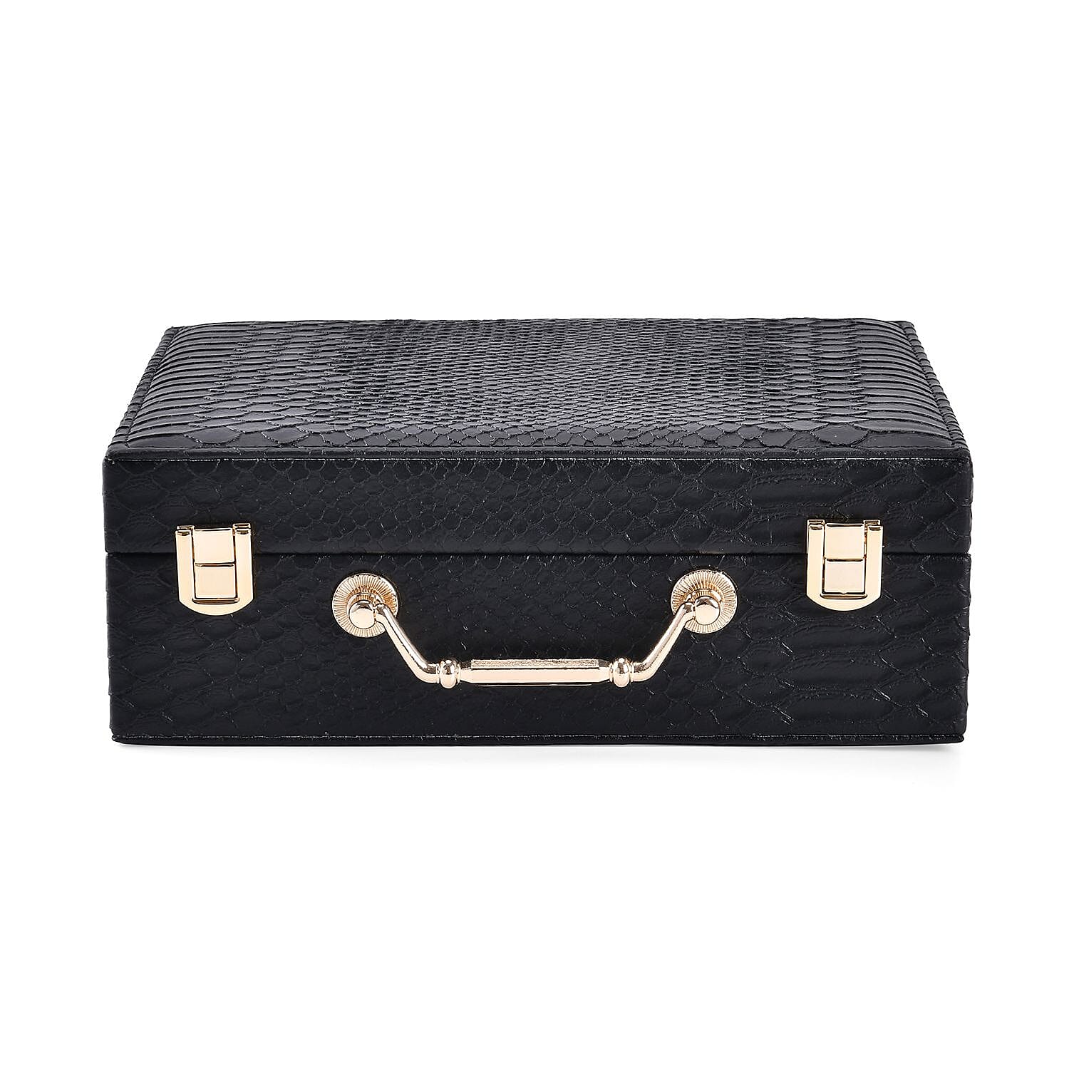 Snake Skin Pattern Faux Leather 2 pcs Jewelry Box Set with Multi Section and Mirror - Black (9.25"x7.28"x3.35")