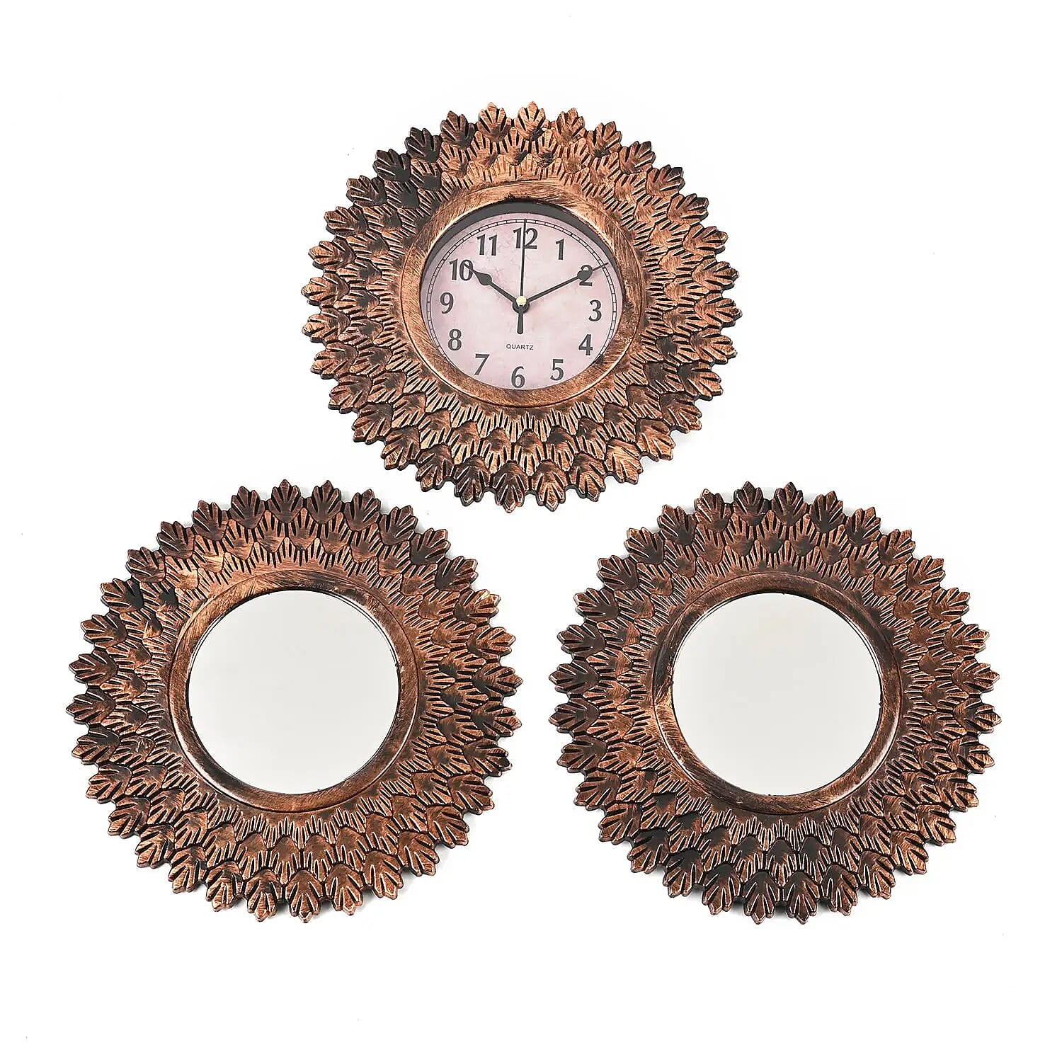 Bronze Color Sunburst Wall Colock (9.84"x9.84") (1xAA Battery Not Included) and 2pcs Mirror (9.84"x9.84")