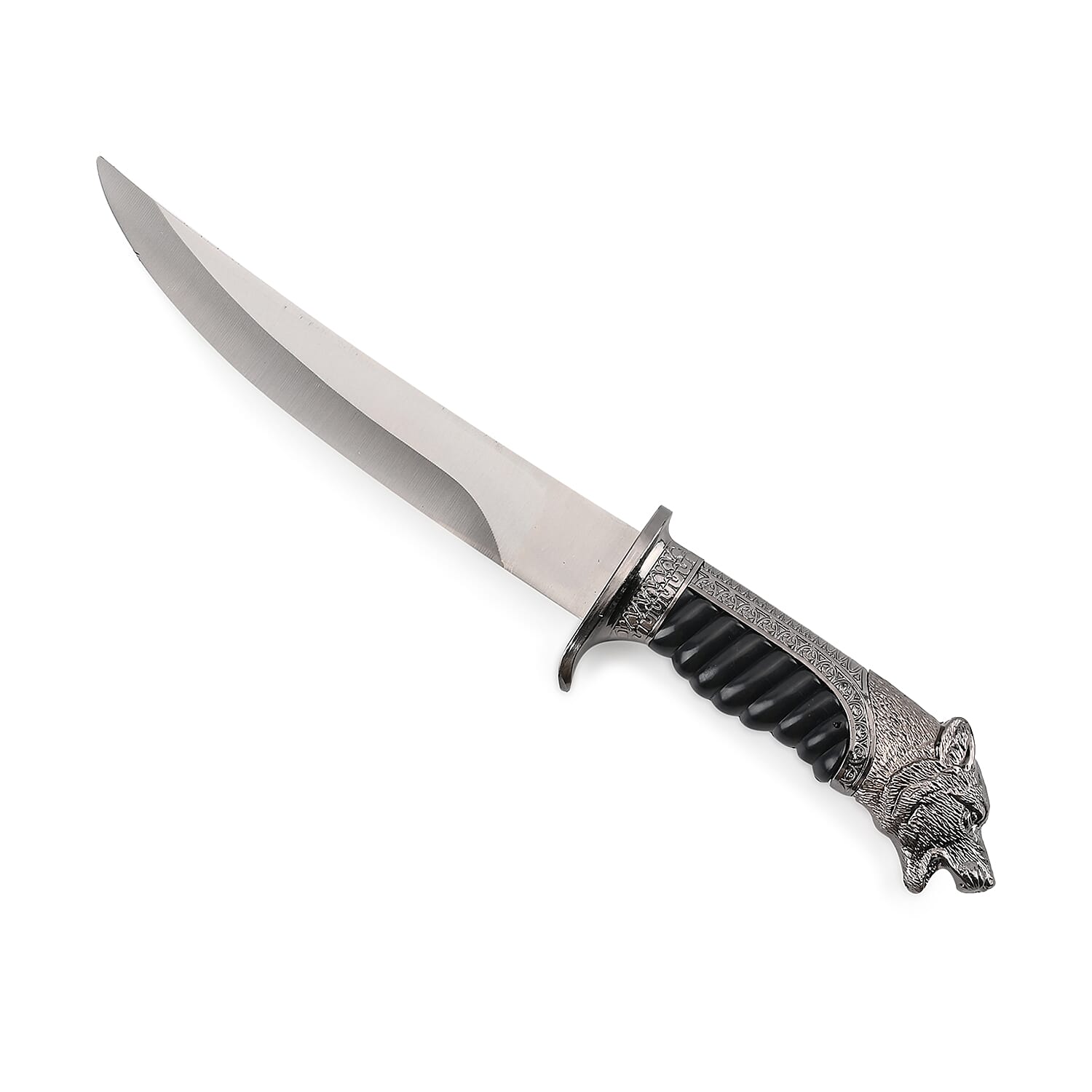 Dark Silver Outdoor Hunting Knife Stainless Steel Blade 6.6" and Scabbard Handle with Cayote Head Pommel