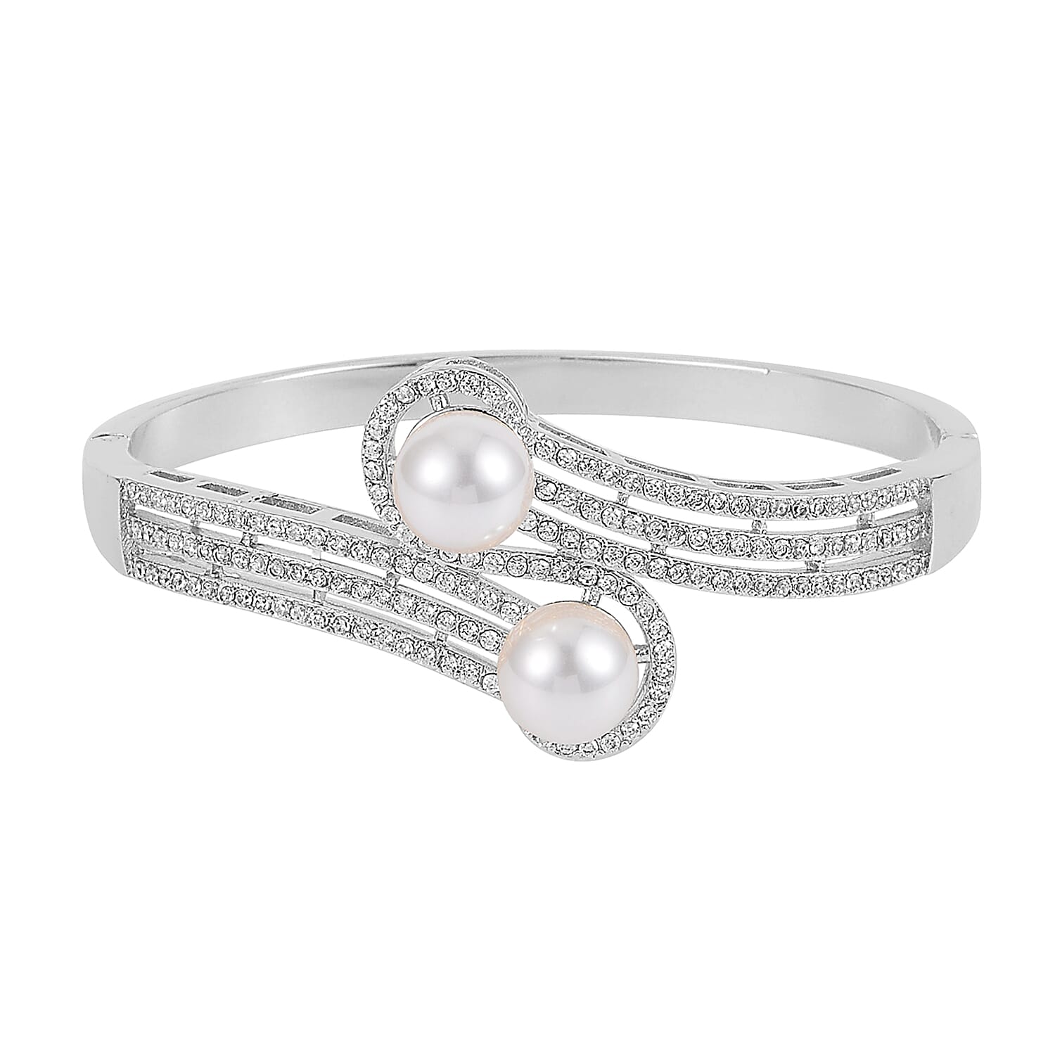 Simulated Pearl and Simulated Diamond Bypass Bangle Bracelet in Silvertone (7.0 In) 0.80 ctw