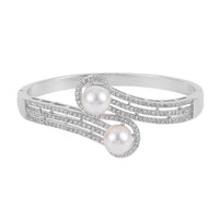 Simulated Pearl and Simulated Diamond Bypass Bangle Bracelet in Silvertone (7.0 In) 0.80 ctw