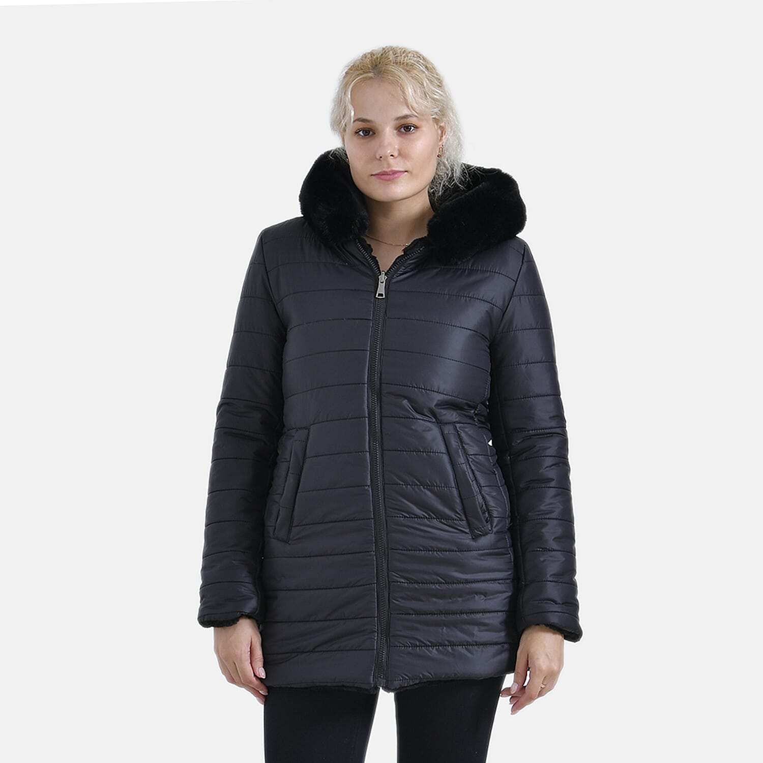 Tamsy Black Reversible Hoodie coat - One Side Cozy Faux Fur and One Side Puffer - M
