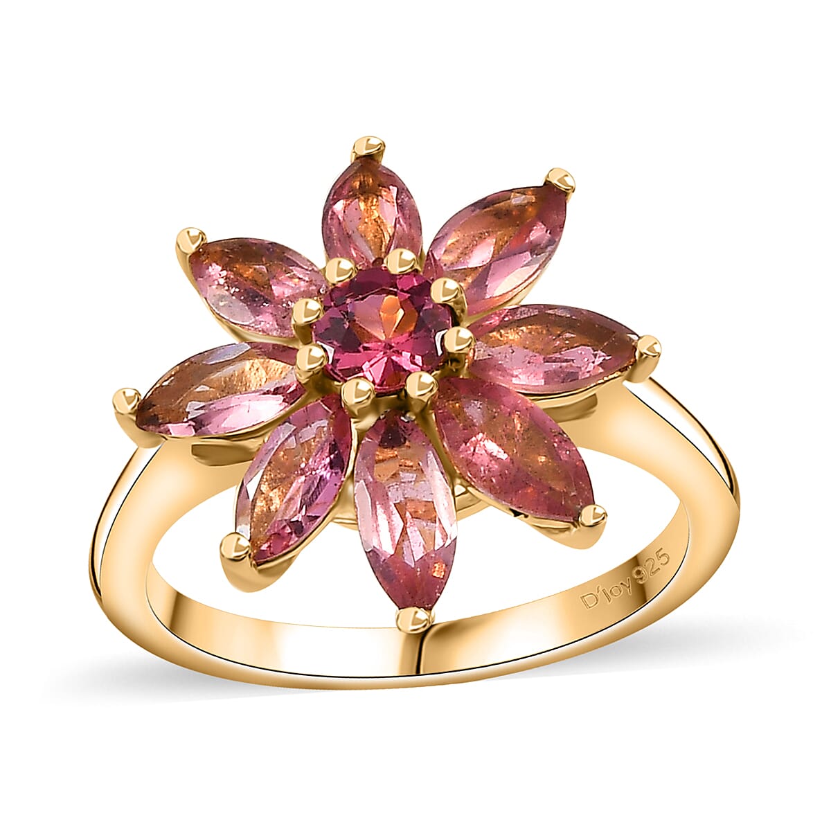 Morro Redondo Pink Tourmaline 2.10 ctw Floral Ring in Vermeil Yellow Gold Over Sterling Silver