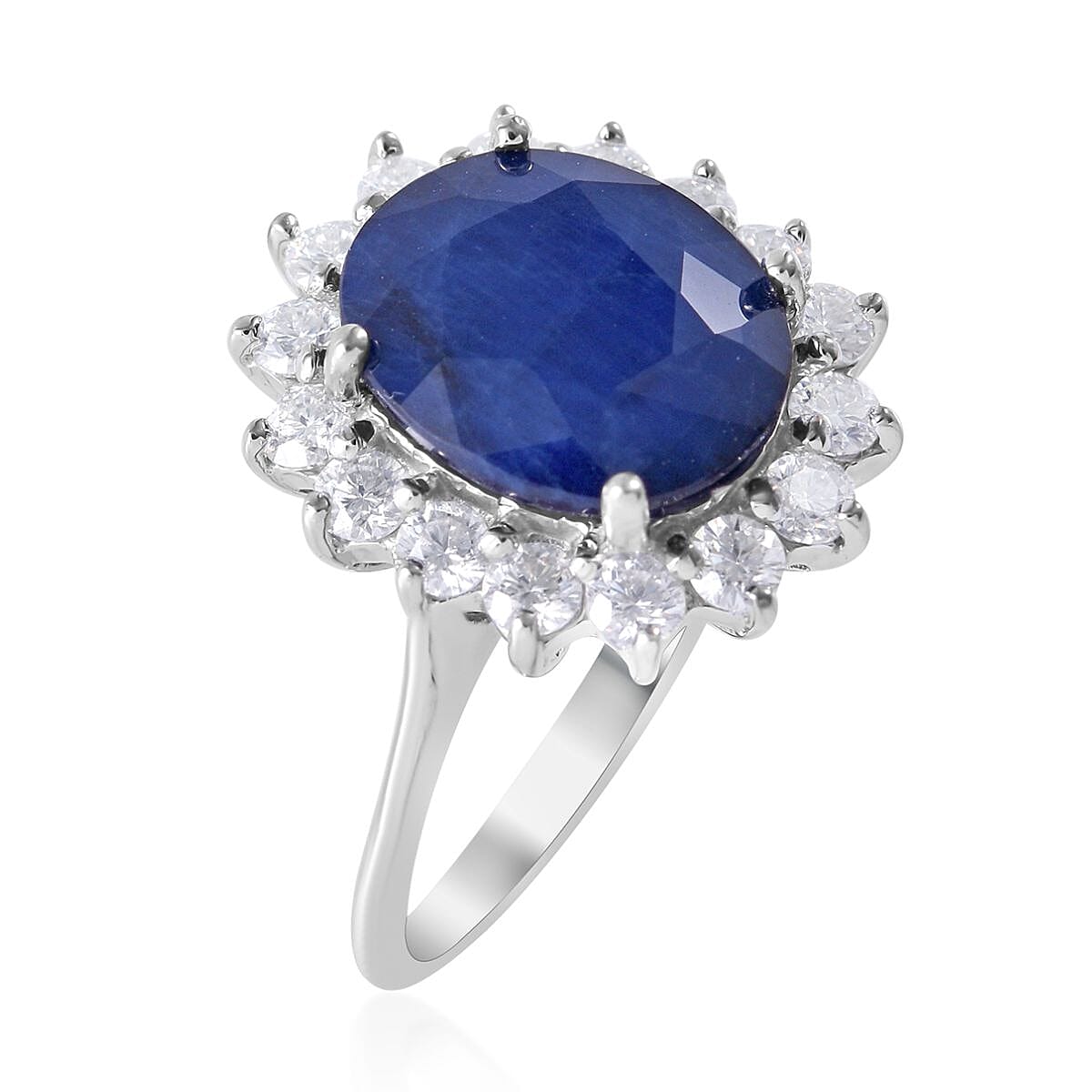 Madagascar Blue Sapphire (DF) and Moissanite Sunburst Ring in Platinum Over Sterling Silver (Size 10.0) 6.60 ctw