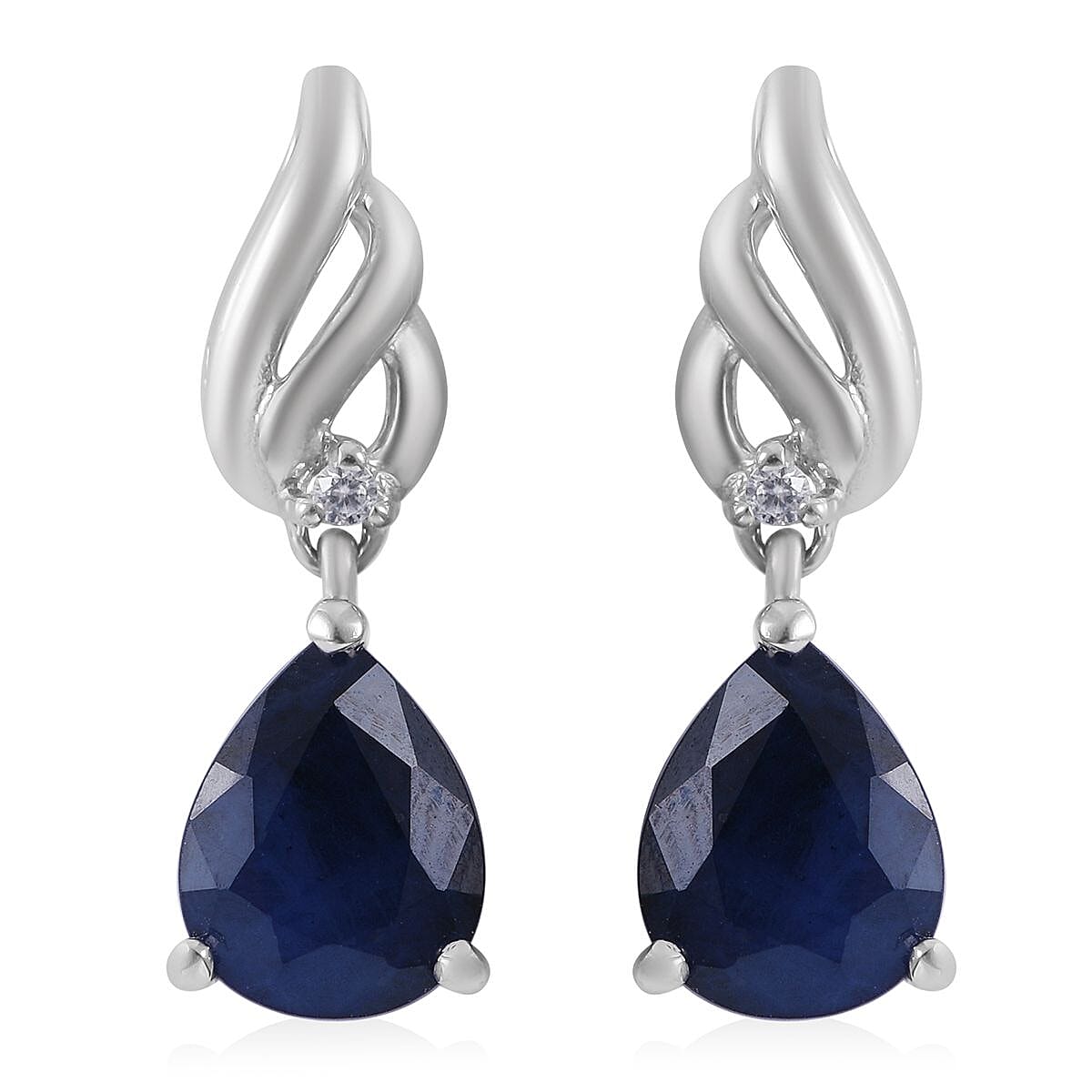 Madagascar Blue Sapphire (DF) and White Zircon Drop Earrings in Platinum Over Sterling Silver 4.00 ctw
