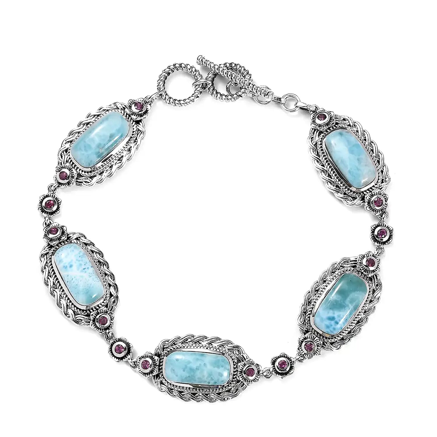 Artisan Crafted Larimar and Orissa Rhodolite Garnet Bracelet in Sterling Silver (8.00 In) 21.60 ctw