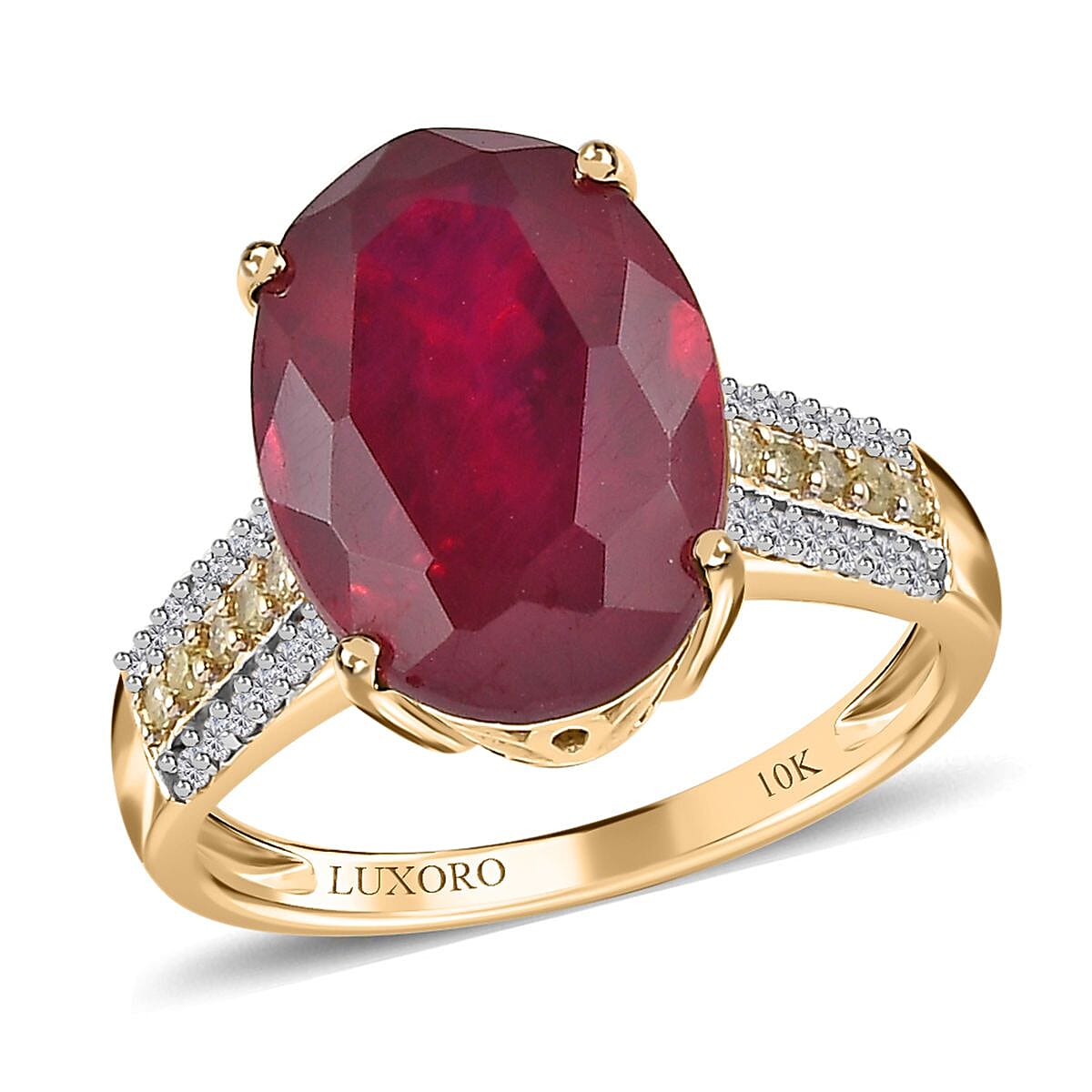 Luxoro 10K Yellow Gold Premium Niassa Ruby (FF), I3 Natural Yellow and White Diamond Ring (Size 10.0) 9.00 ctw