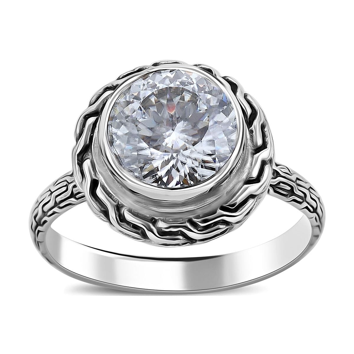 Bali Legacy 120 Facet Moissanite (Rnd 10mm) Ring in Sterling Silver (Size 6.0) 3.40 ctw