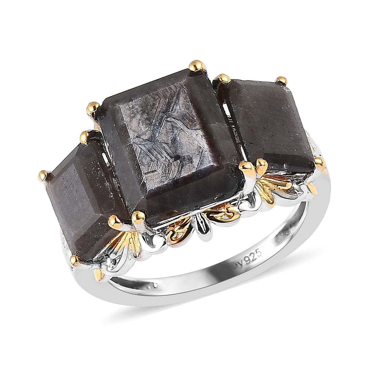 Silver Sapphire 3 Stone Ring in Vermeil YG and Platinum Over Sterling Silver 11.00 ctw