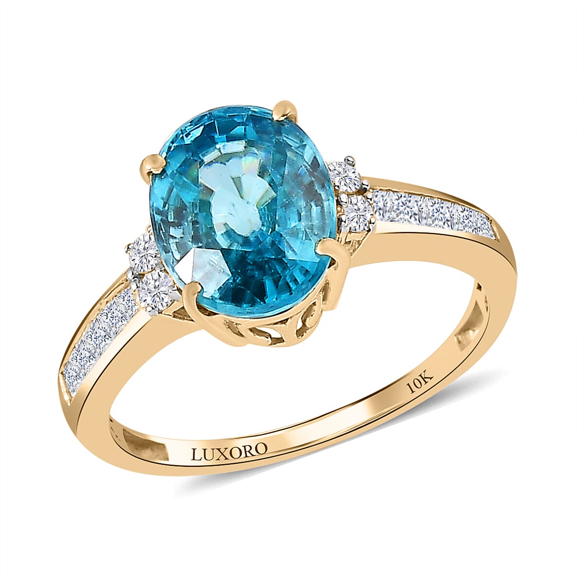 Luxoro 10K Yellow Gold Premium Cambodian Blue Zircon and Moissanite Ring 4.70 ctw