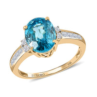 Luxoro 10K Yellow Gold Premium Cambodian Blue Zircon and Moissanite Ring 4.70 ctw