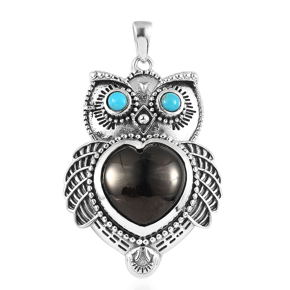 Artisan Crafted Elite Shungite and Sleeping Beauty Turquoise Owl Pendant in Sterling Silver 5.75 ctw