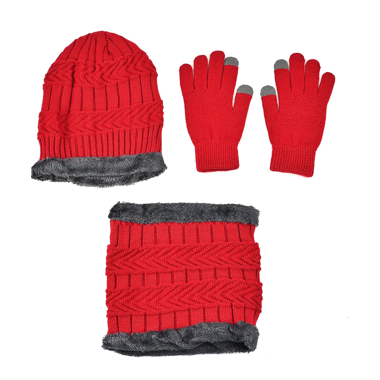 Red 100% Acrylic 3pcs Set Glove(8.66"), Scarf (9.85"x8.66") and Hat (10.24"x9.05")
