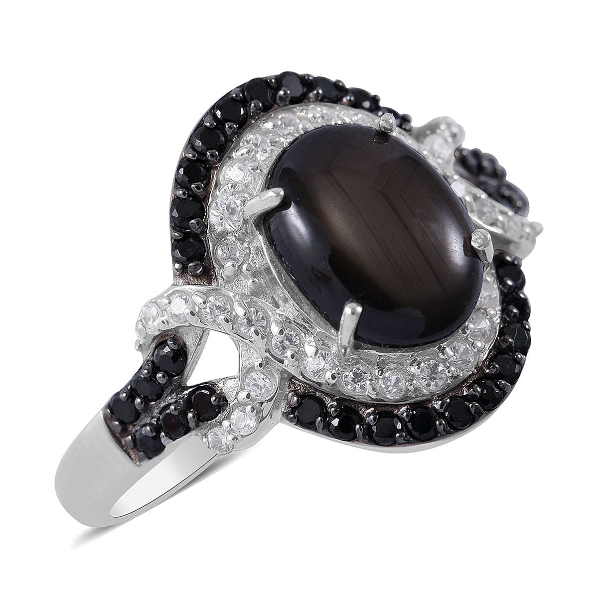 Premium Bankacha Natural Black Star Sapphire and Multi Gemstone Ring in Platinum Over Sterling Silver 3.50 ctw
