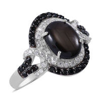 Premium Bankacha Natural Black Star Sapphire and Multi Gemstone Ring in Platinum Over Sterling Silver 3.50 ctw