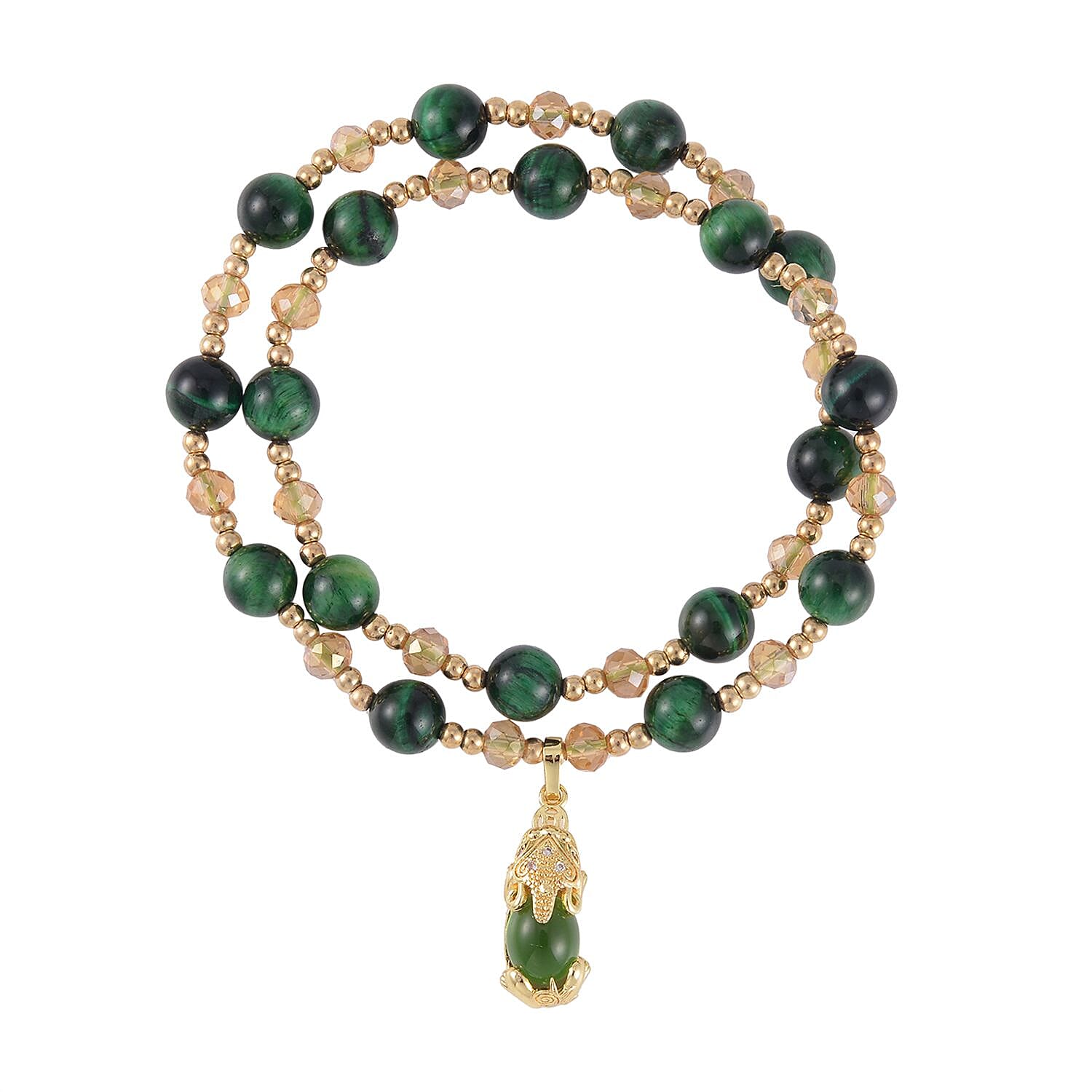 Enhanced Green Tiger's Eye and Multi Color Glass Two Row Stretch Bracelet in Goldtone 73.00 ctw