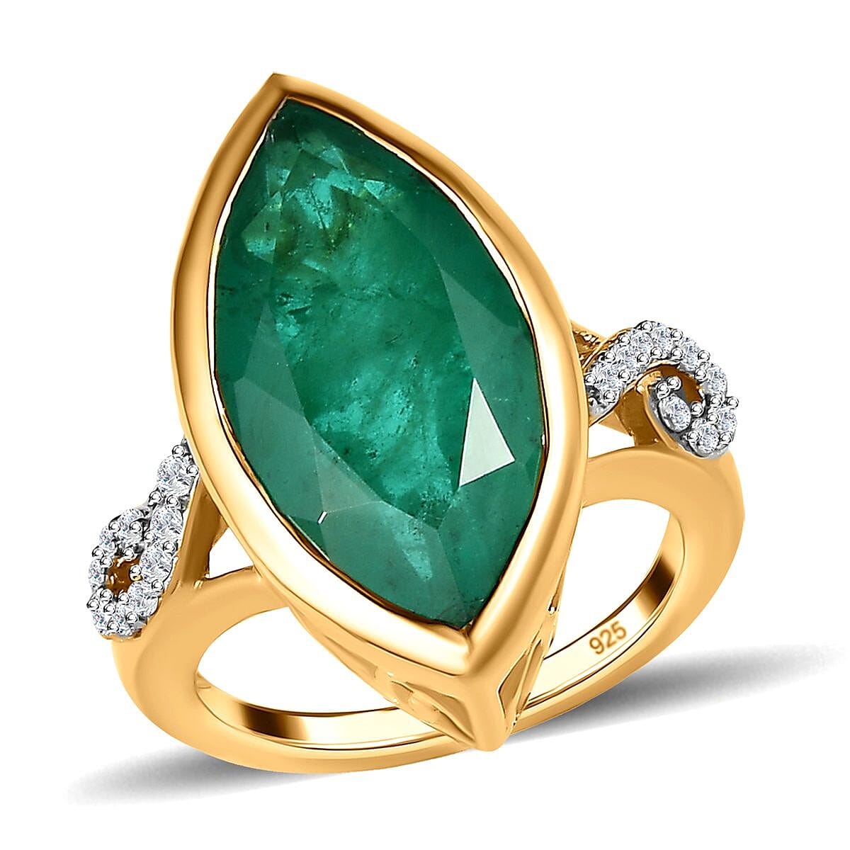 Emeraldine Quartz (Triplet) and White Zircon 9.85 ctw Ring in 14K YG Over Sterling Silver (Size 8.0)