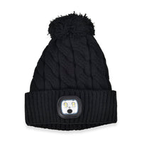 USB Rechargeable Waterproof LED Lighted Beanie Cap with Sherpa Lining and with Faux fur Baubble - Gray