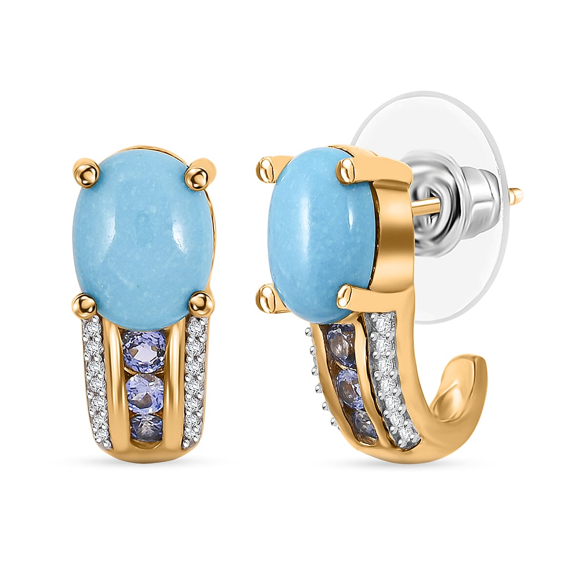 TLV Premium Sleeping Beauty Turquoise, Multi Gemstone J-Hoop Earrings in Vermeil YG Over Sterling Silver 3.30 ctw