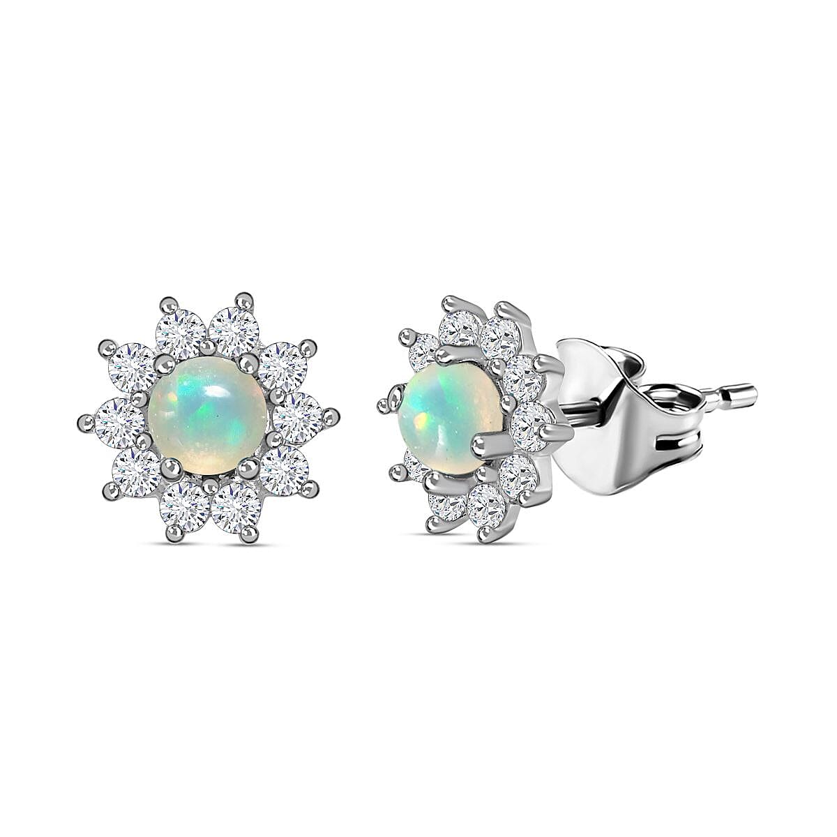 Ethiopian Welo Opal, White Zircon Sunburst Stud Earrings in Sterling Silver 1.00 ctw