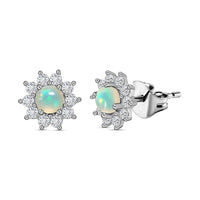 Ethiopian Welo Opal, White Zircon Sunburst Stud Earrings in Sterling Silver 1.00 ctw
