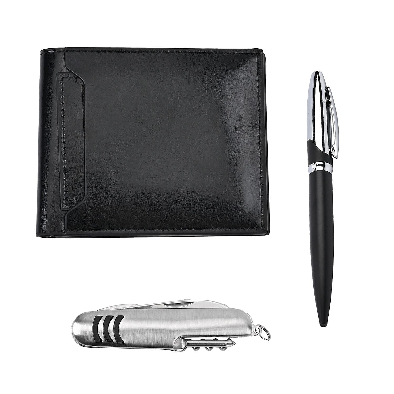 3 Piece Set -Black Faux Leather RFID Wallet (4.5"x3.75"), Pen and Stainless Steel Knife
