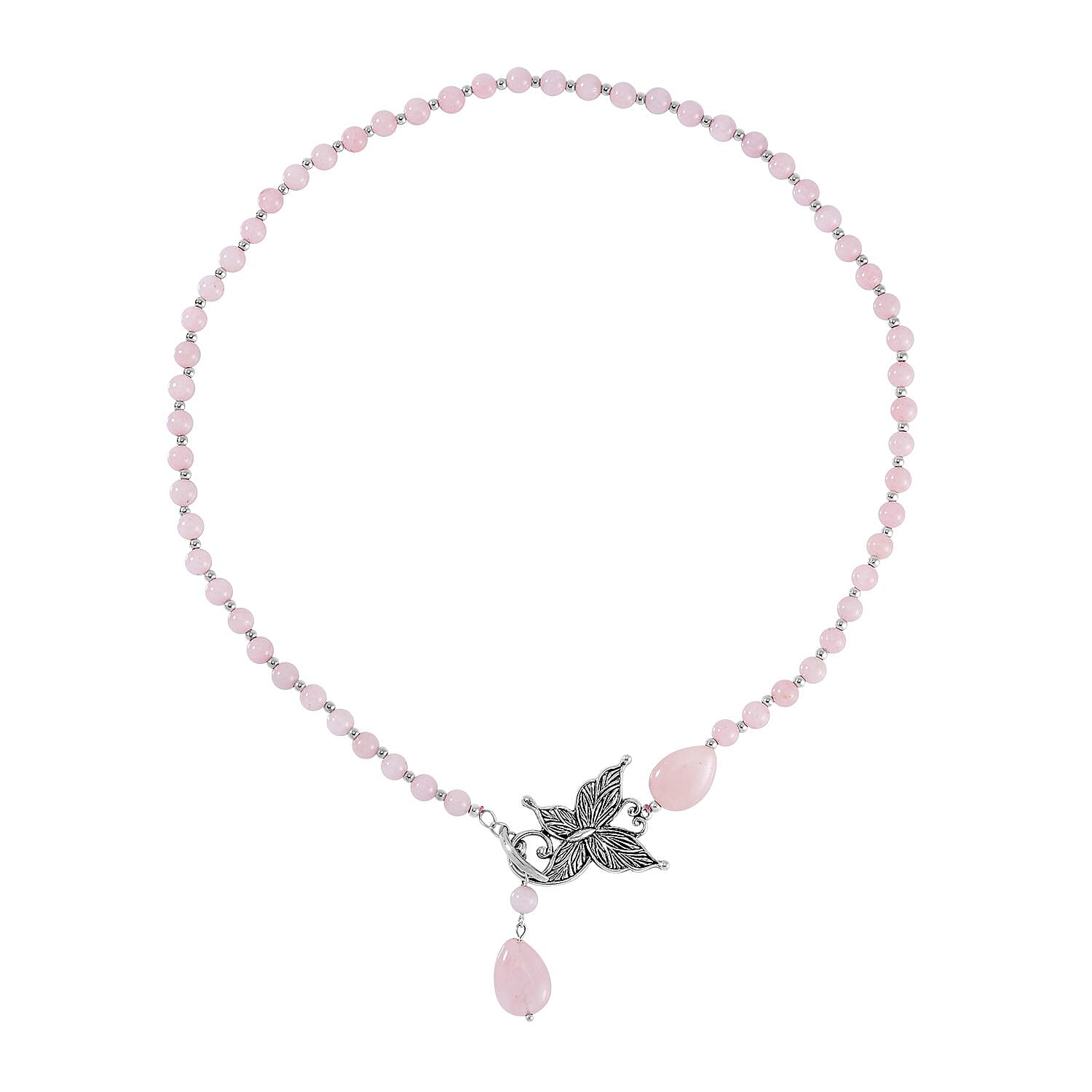 Galilea Rose Quartz Beaded Butterfly Necklace 20 Inches in Silvertone 131.00 ctw
