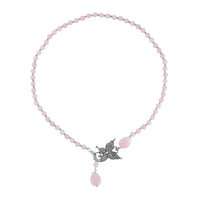 Galilea Rose Quartz Beaded Butterfly Necklace 20 Inches in Silvertone 131.00 ctw
