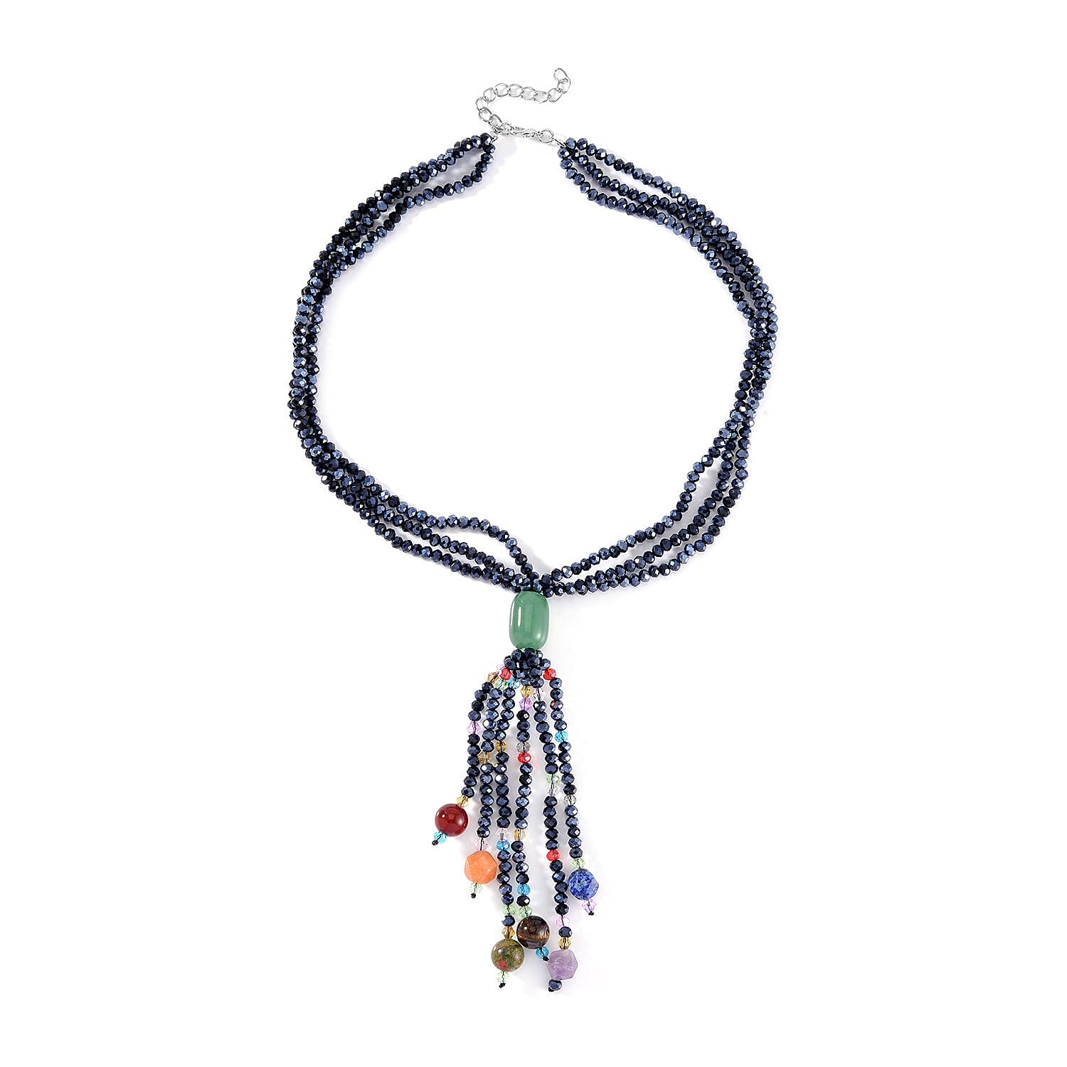 Green Aventurine, Multi Glass, Multi Gemstone Beaded 3 Row Tassels Necklace 18-20 Inches in Silvertone 72.50 ctw