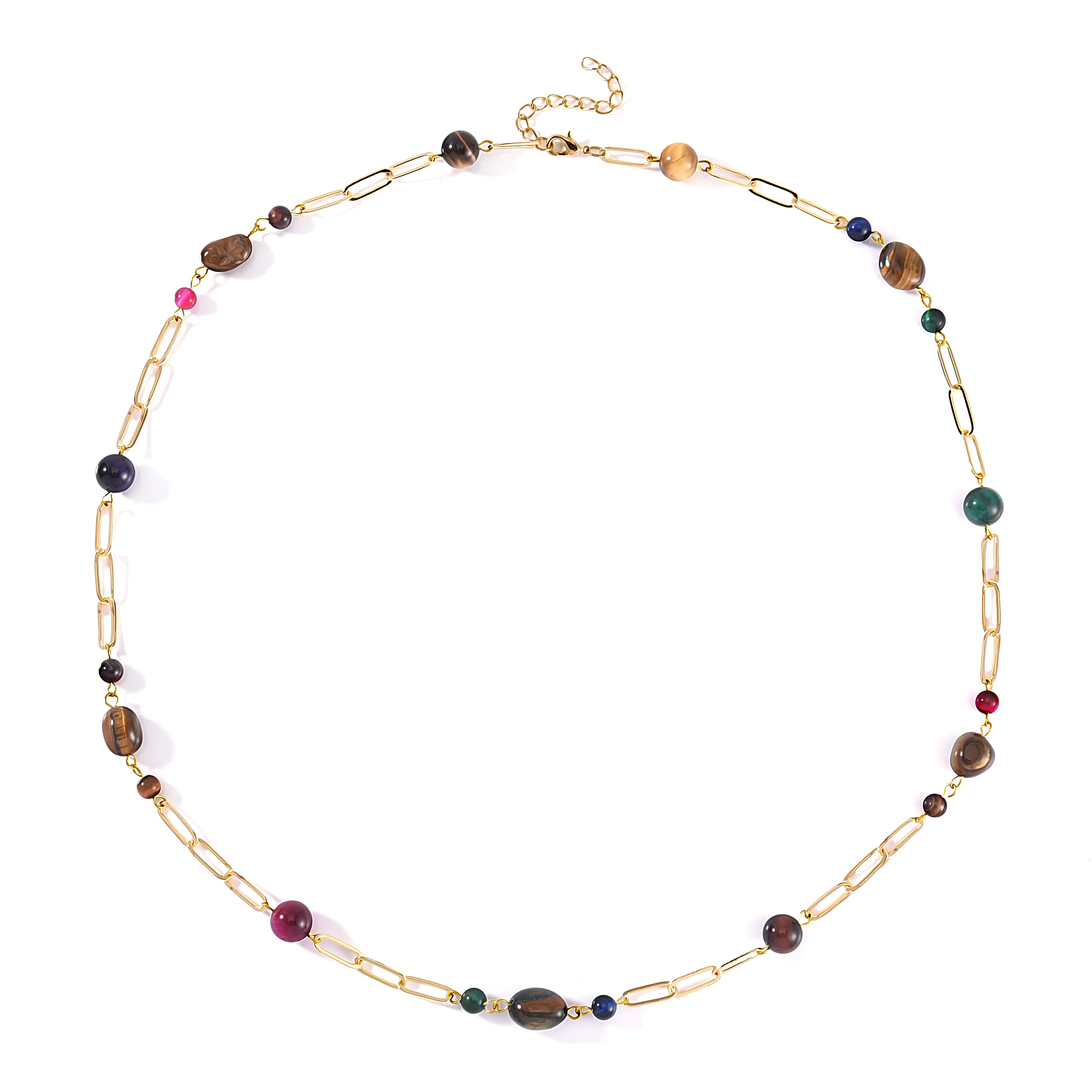 Multi Color Tiger's Eye Paper Clip Chain Necklace (28-30 Inches) in Goldtone 128.00 ctw
