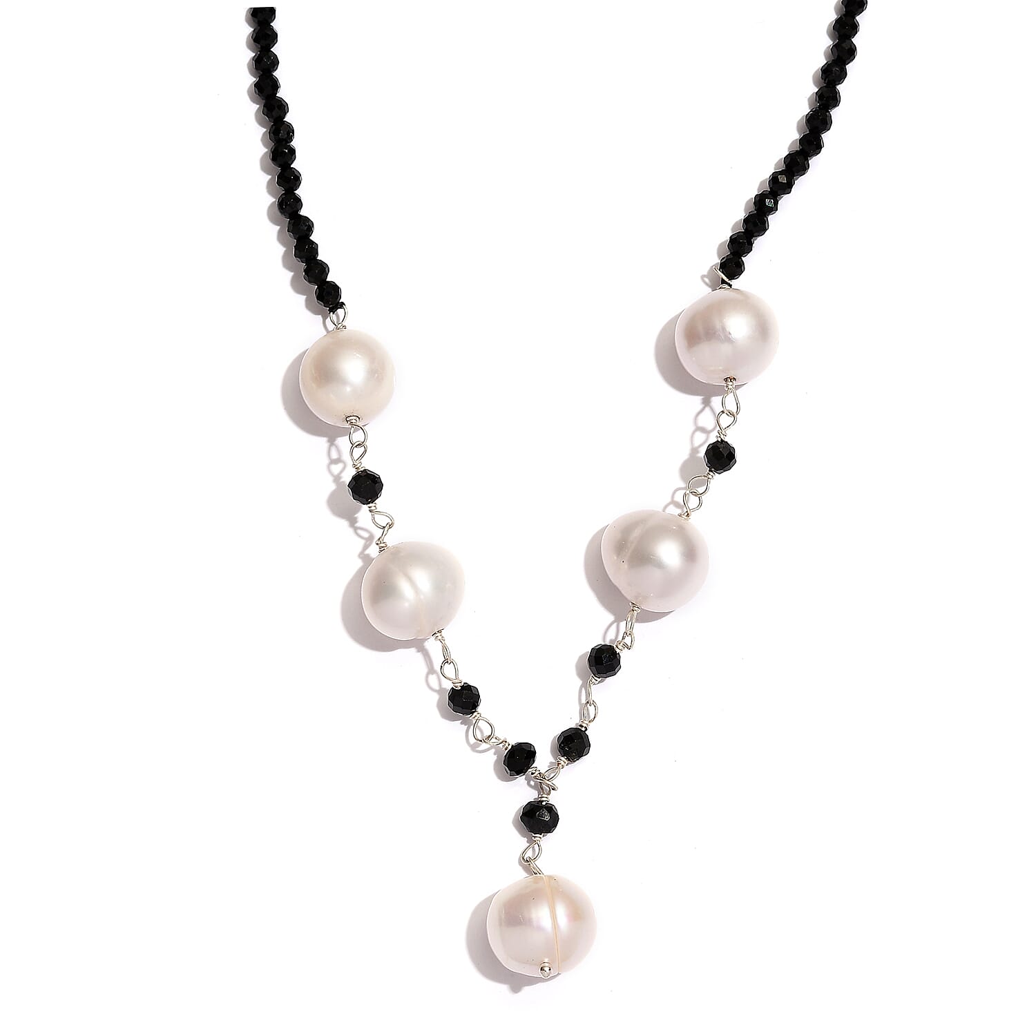 White Freshwater Pearl and Thai Black Spinel Necklace 20 Inches in Sterling Silver 20.00 ctw