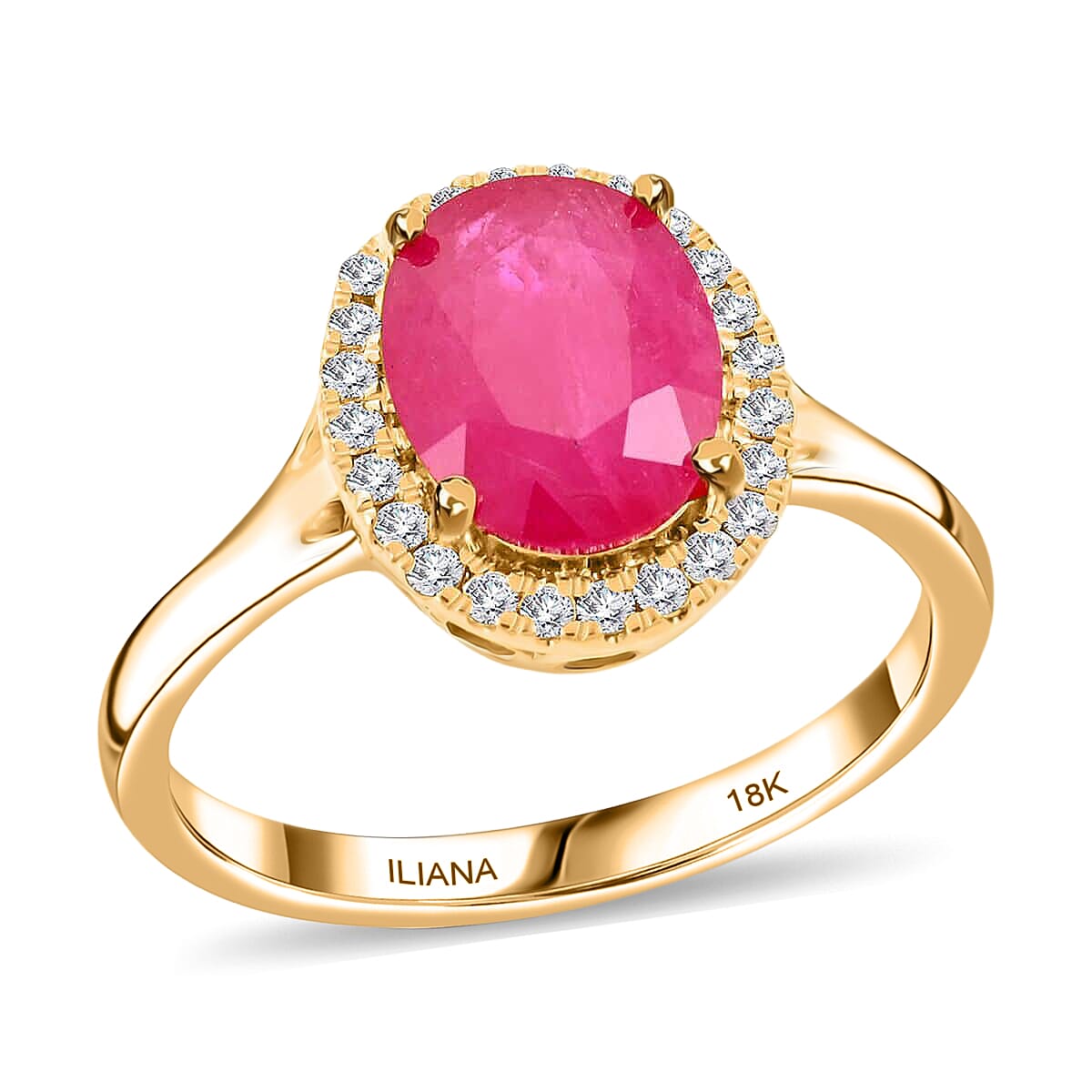 Certified & Appraised Iliana 18K Yellow Gold AAA Montepuez Ruby, Diamond (G-H, SI) (0.20 cts) Halo Ring (Size 10.0) 2.50 ctw
