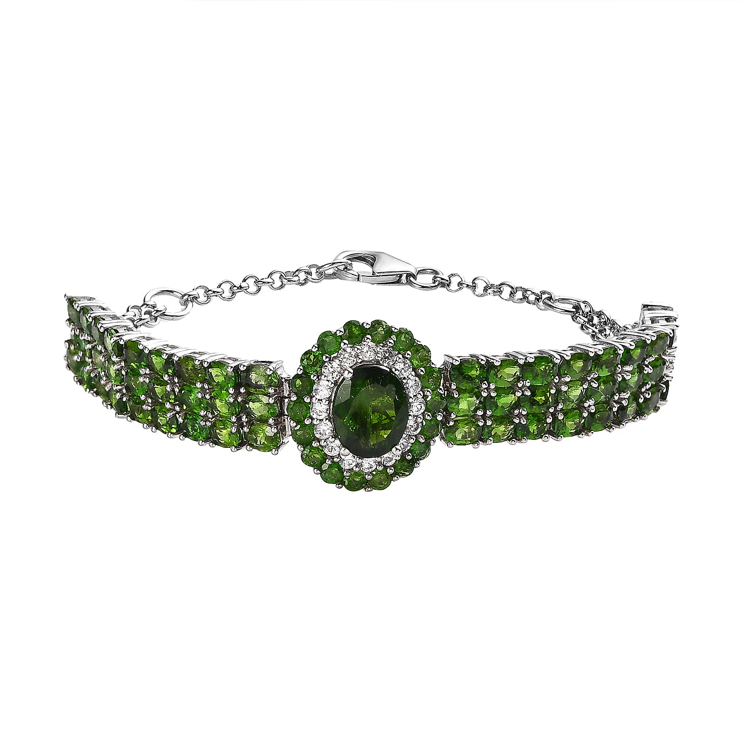 Chrome Diopside and White Zircon Bracelet in Platinum Over Sterling Silver (7.25 In) 14.60 ctw