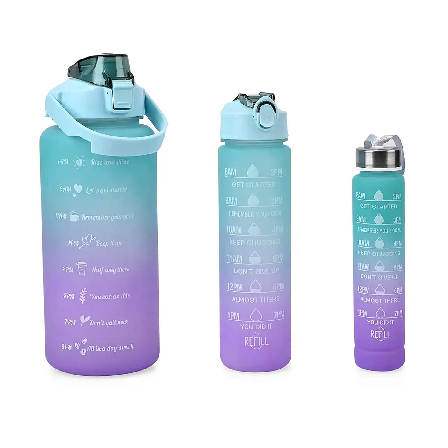 Set of 3 Plastic Sport Bottles 3 Color Rubber Coating 64oz, 32oz & 15oz