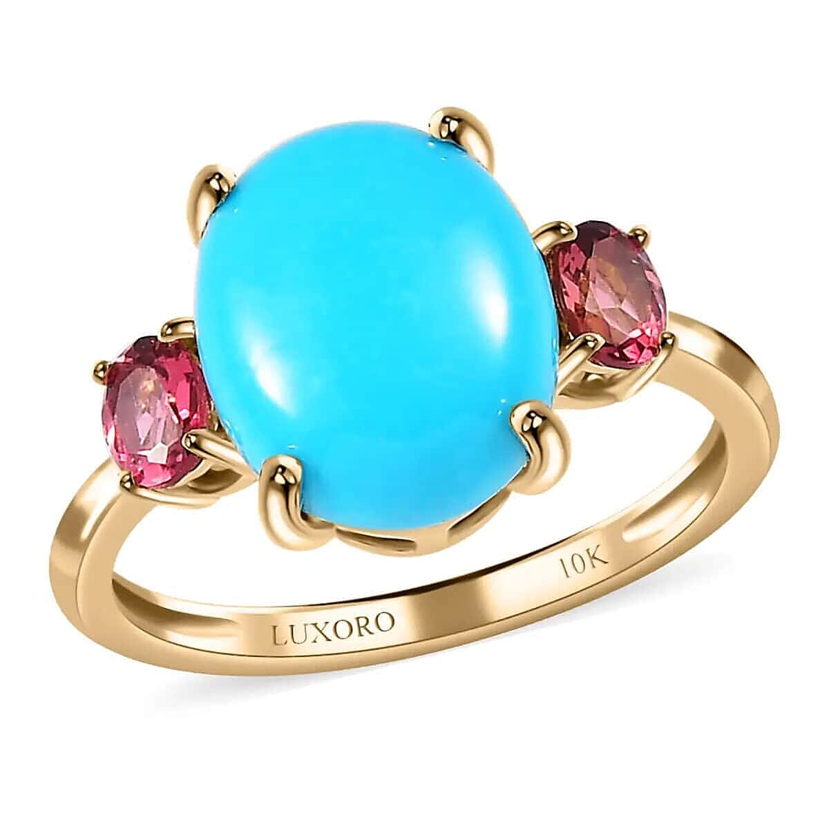 Luxoro 10K Yellow Gold AAA Sleeping Beauty Turquoise and Ouro Fino Rubellite 3 Stone Ring 3.60 ctw