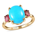 Luxoro 10K Yellow Gold AAA Sleeping Beauty Turquoise and Ouro Fino Rubellite 3 Stone Ring 3.60 ctw - Sticky add to cart bar