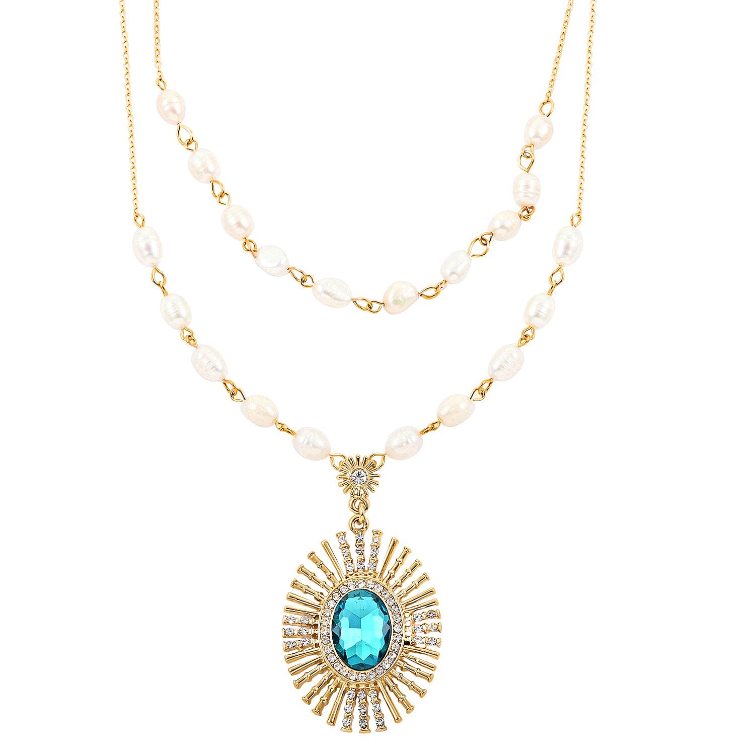 Simulated Blue Topaz, Freshwater Pearl and Austrian Crystal Floral Necklace 20 Inches in Goldtone