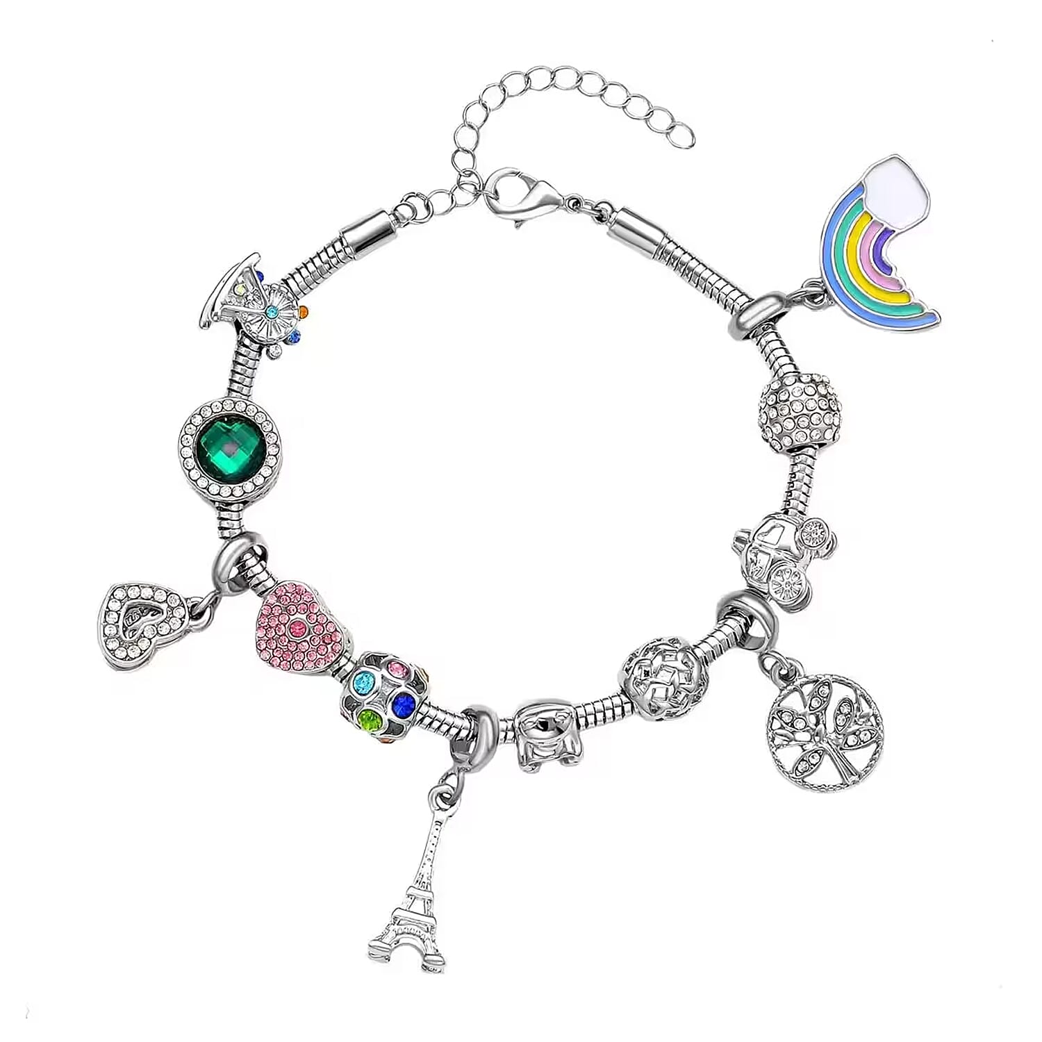 Gift Set - Snake Chain Bracelet with Interchangeable 12 Crystal Charms in Silvertone, Versatile Colorful Crystal Jewelry For Her, Birthday Anniversary Gift (7.0-9.0In)