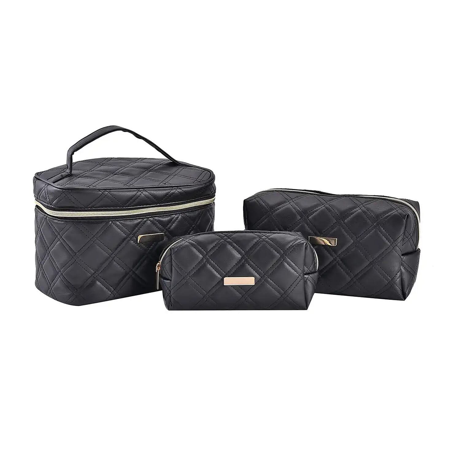 TLV Black Quilted Checker Pattern Faux Leather Cosmetic Bag (6.9"x3.15"x3.15", 9"x4.3"x3.94", 8.7"x6.3"x5.9")