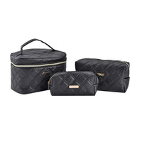 TLV Black Quilted Checker Pattern Faux Leather Cosmetic Bag (6.9"x3.15"x3.15", 9"x4.3"x3.94", 8.7"x6.3"x5.9")