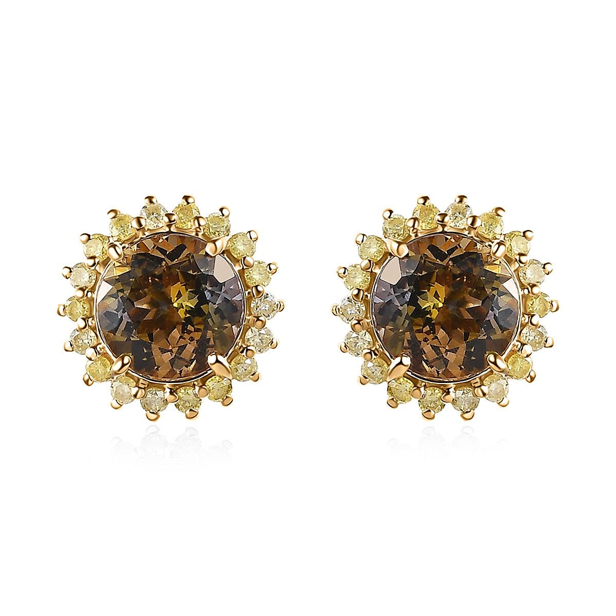 Luxoro 14K Yellow Gold Premium Golden Tanzanite and I3 Natural Yellow Diamond Sunburst Stud Earrings 3.25 ctw