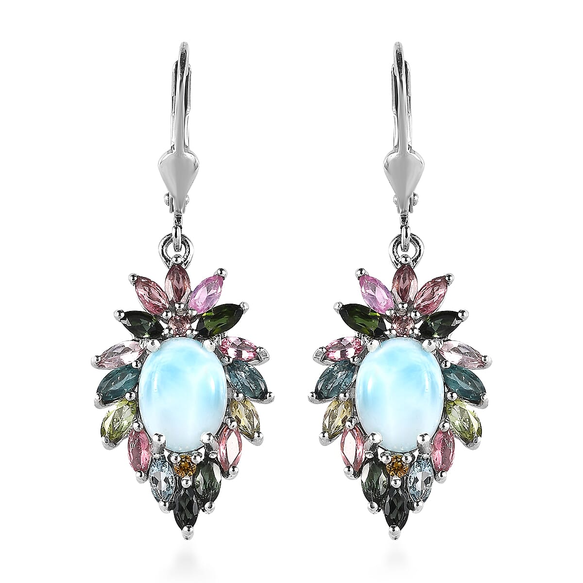Larimar and Multi-Tourmaline Lever Back Earrings in Platinum Over Sterling Silver 6.65 ctw