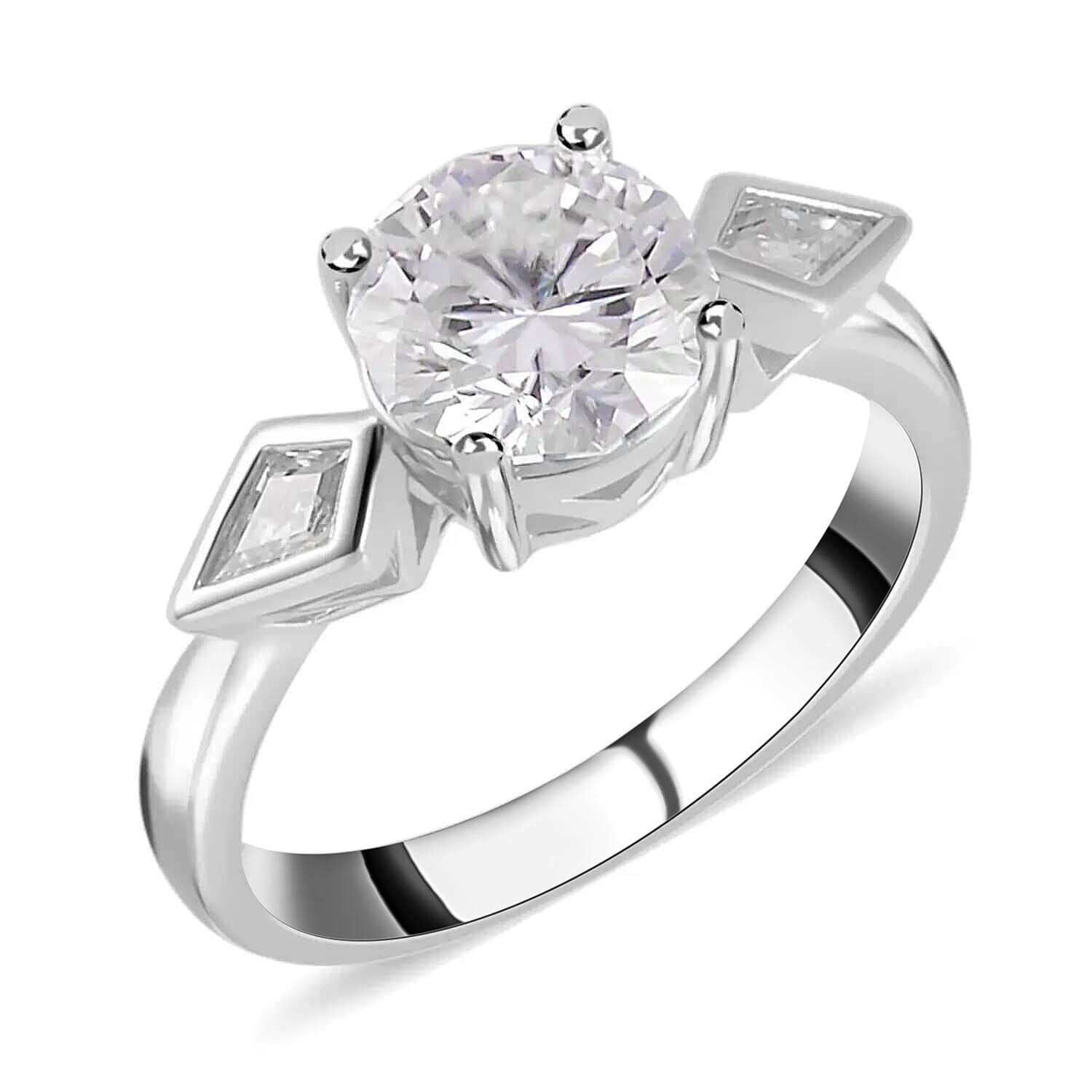 Moissanite 3 Stone Ring in Rhodium Over Sterling Silver 2.20 ctw