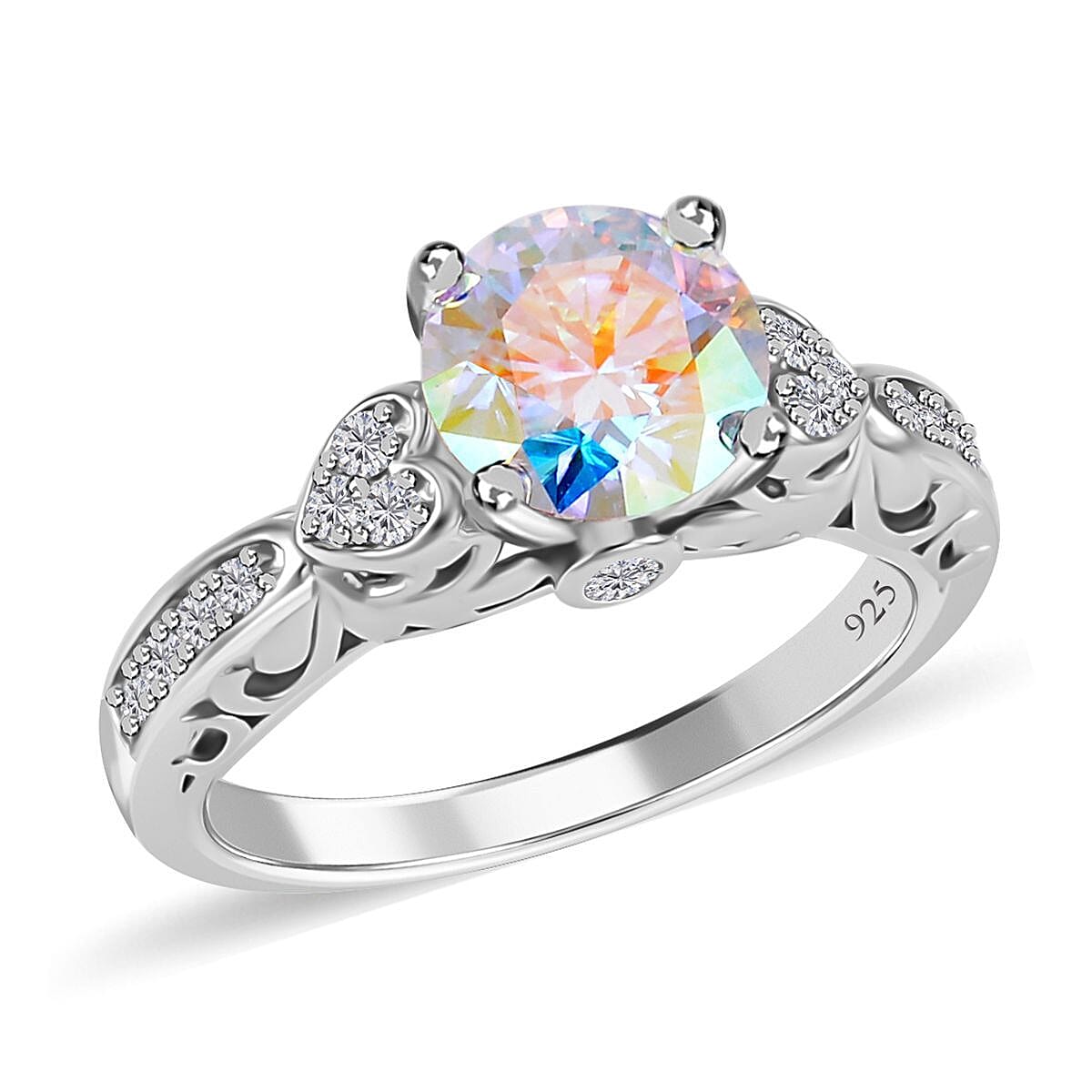 Dichroic Mist Moissanite and Moissanite Ring in Rhodium Over Sterling Silver 2.00 ctw