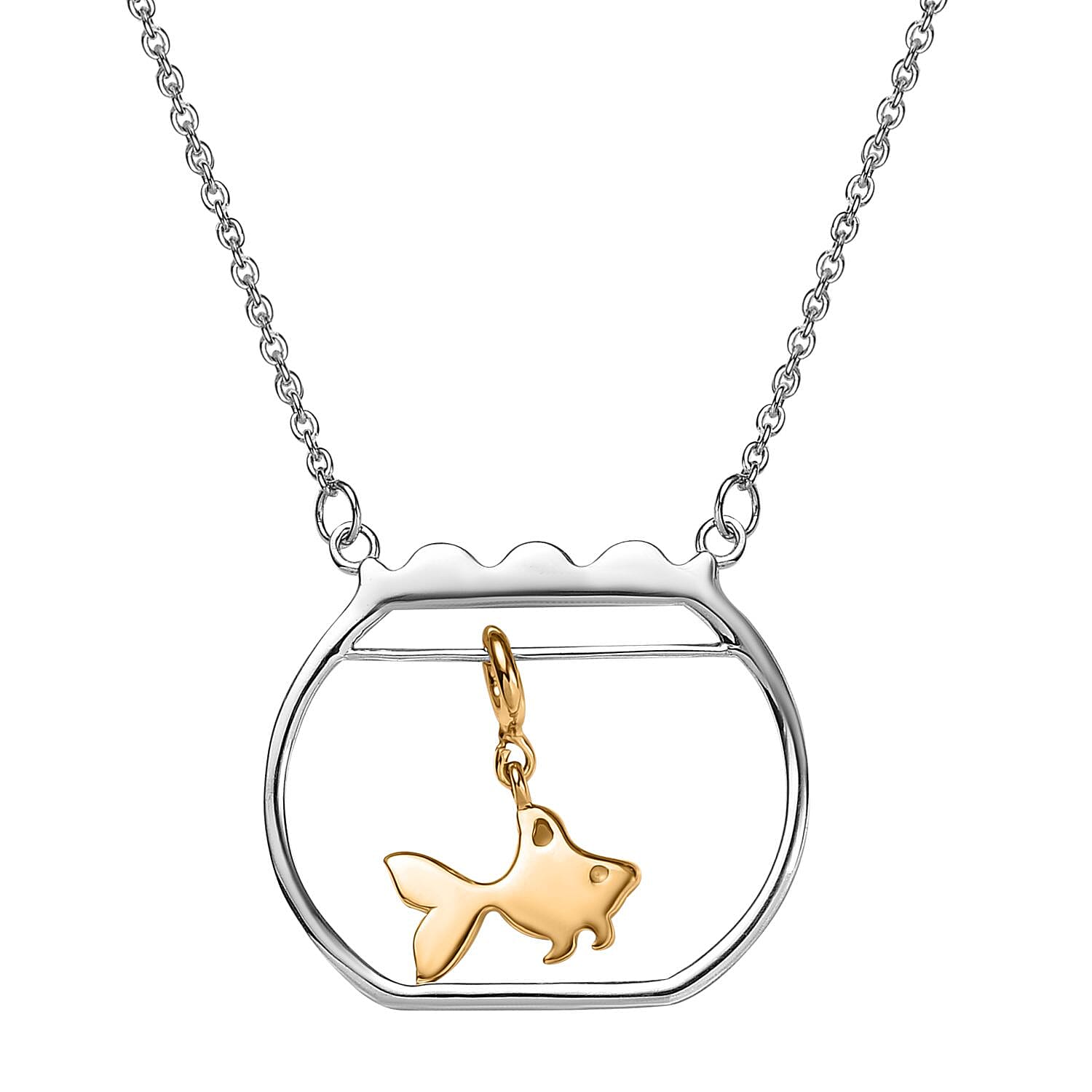 Vermeil Yellow Gold and Platinum Over Sterling Silver Gold Fish Swimming Bowl Necklace 18 Inches 3.25 Grams